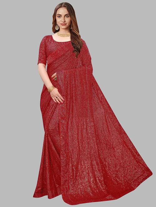 red sequined saree with blouse - 18410723 - Very Small Image - 1