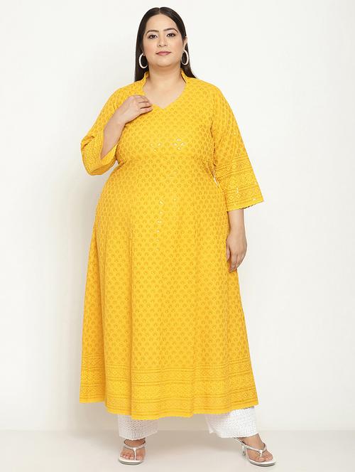 yellow chikankari flared kurta - 18411048 - Very Small Image - 1