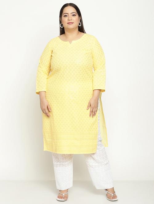 yellow chikankari straight kurta - 18411058 - Very Small Image - 1