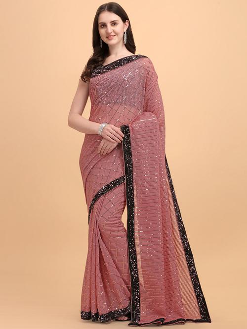 contrast bordered sequined saree with blouse - 18411216 - Very Small Image - 1
