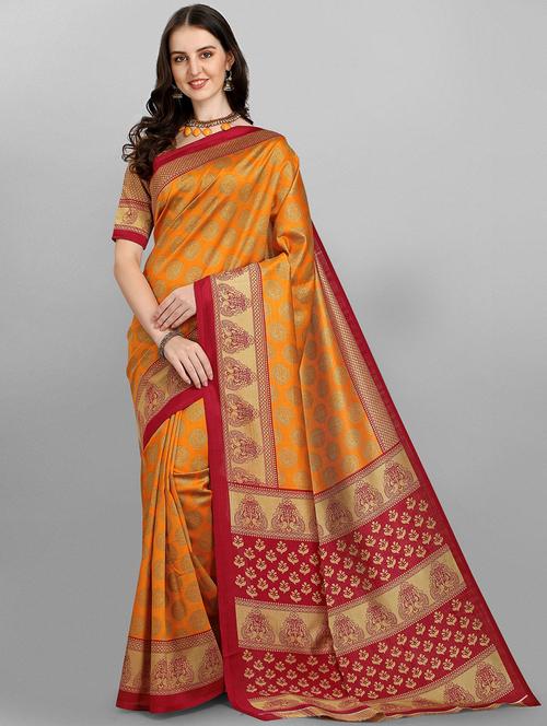 orange silk printed saree with blouse - 18411755 - Very Small Image - 1