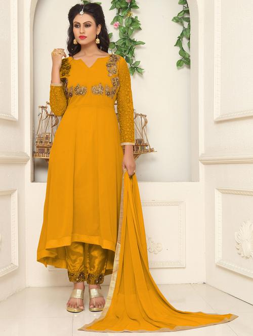 yellow straight pant suit semi-stitched suit - 18412194 - Very Small Image - 1