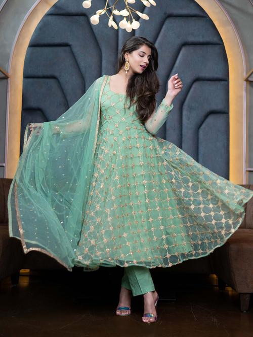 green straight pant suit semi-stitched suit - 18412665 - Very Small Image - 1