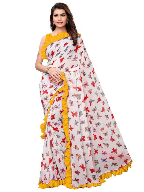 yellow printed saree with blouse - 18413218 - Very Small Image - 1
