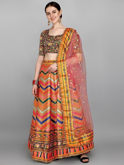 orange printed flared lehenga - 18413287 - Very Small Image - 1