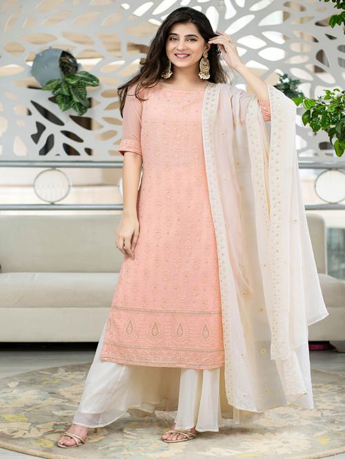 peach georgette semistitched suit - 18413717 - Very Small Image - 1