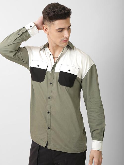 olive color-blocked casual shirt - 18413833 - Very Small Image - 1