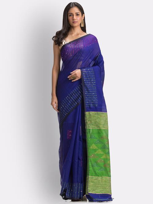 women's self design navy blue colored saree with blouse - 18416910 - Very Small Image - 1