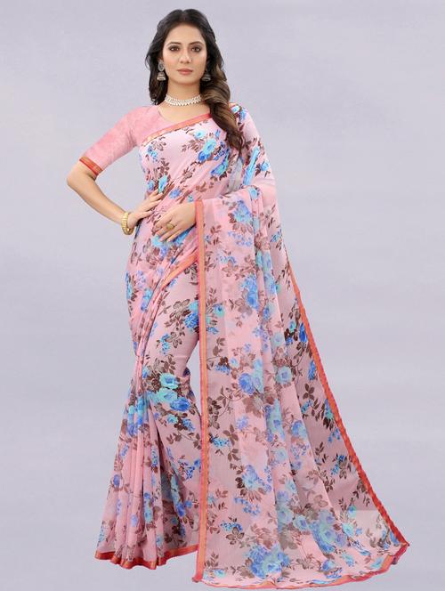 pink printed saree with blouse - 18417179 - Very Small Image - 1