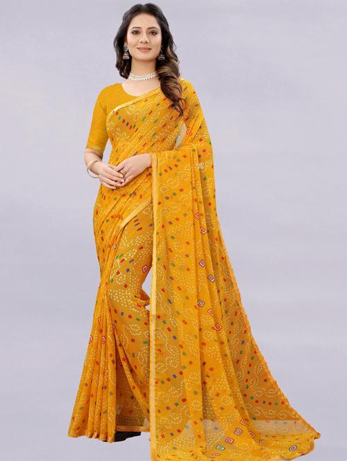 yellow printed saree with blouse - 18417192 - Very Small Image - 1