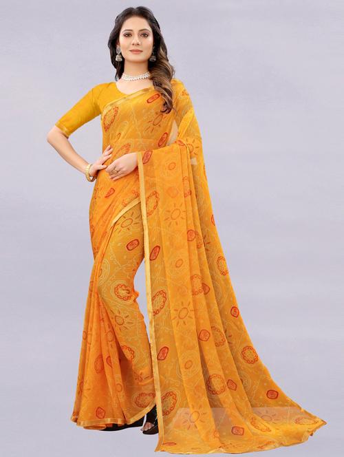 yellow printed saree with blouse - 18417197 - Very Small Image - 1