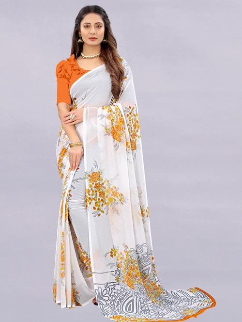 orange printed saree with blouse - 18417205 - Very Small Image - 1