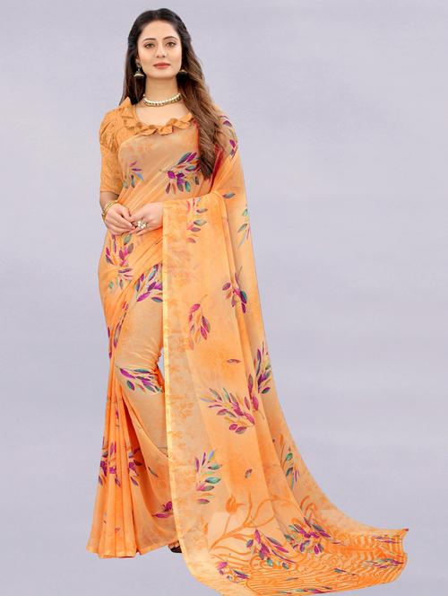 orange printed saree with blouse - 18417213 - Very Small Image - 1