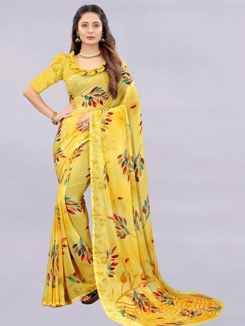 yellow printed saree with blouse - 18417215 - Very Small Image - 1