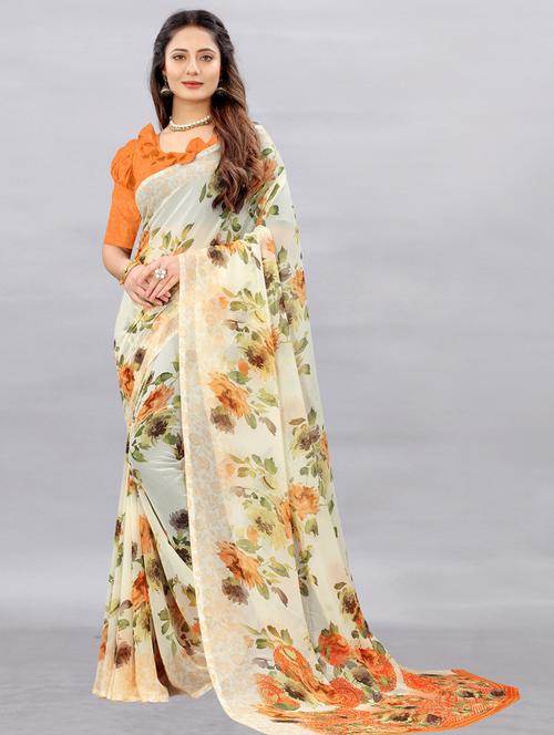 orange printed saree with blouse - 18417217 - Very Small Image - 1