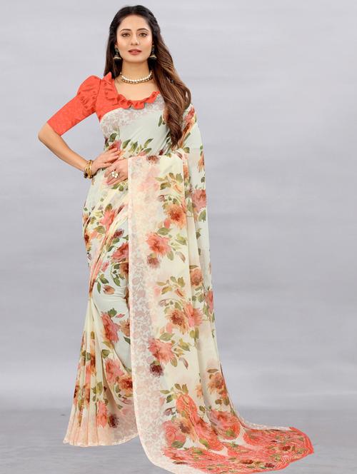 orange printed saree with blouse - 18417219 - Very Small Image - 1