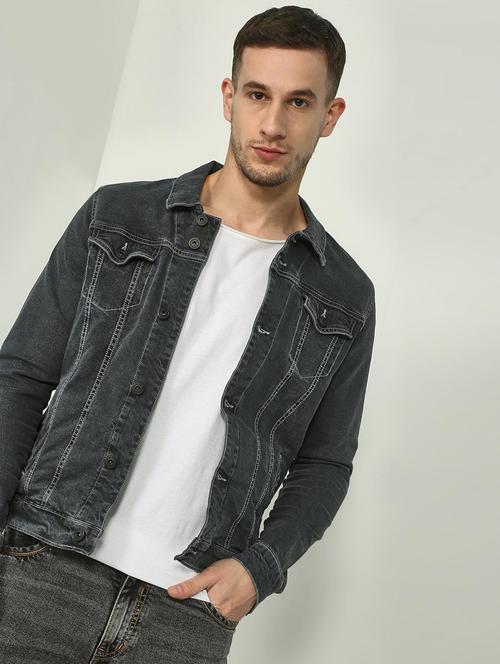 grey solid denim casual jacket - 18417370 - Very Small Image - 1