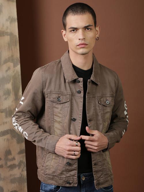 taupe printed denim casual jacket - 18417385 - Very Small Image - 1