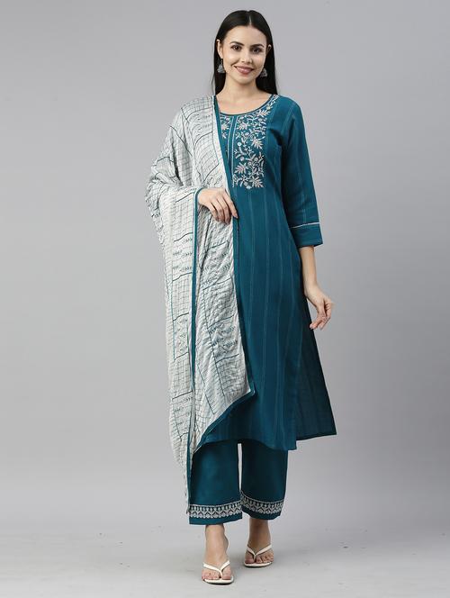 teal cotton blend kurta pant set - 18418181 - Very Small Image - 1