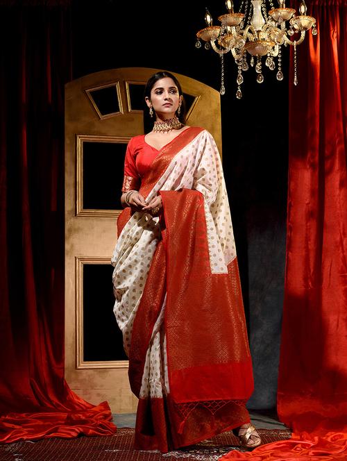 offwhite dupion printed saree - 18419076 - Very Small Image - 1