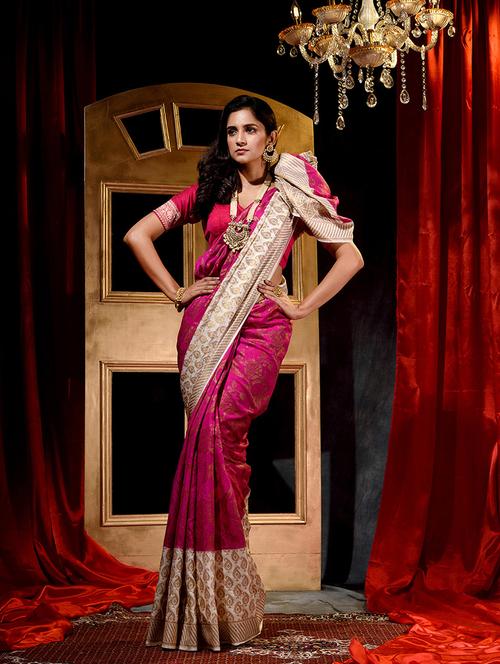 pink dupion printed saree with blouse - 18419079 - Very Small Image - 1
