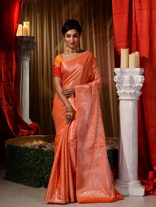 orange silk blend printed saree - 18419127 - Very Small Image - 1