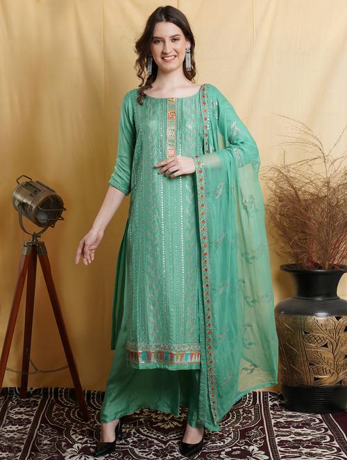 green silk blend unstitched suit - 18419319 - Very Small Image - 1