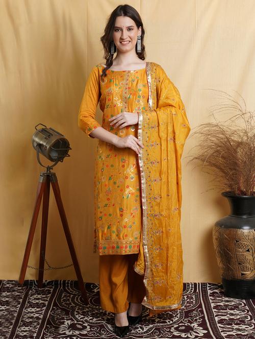yellow silk blend unstitched suit - 18419320 - Very Small Image - 1