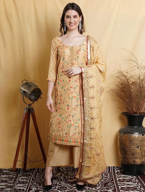 beige silk blend unstitched suit - 18419321 - Very Small Image - 1
