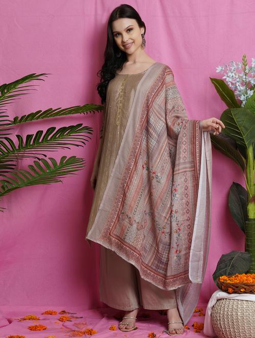 beige art silk unstitched suit - 18419326 - Very Small Image - 1