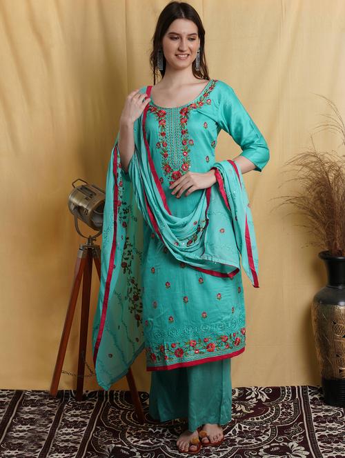 turquoise cotton unstitched suit - 18419340 - Very Small Image - 1