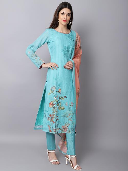 turquoise cotton unstitched suit - 18419346 - Very Small Image - 1