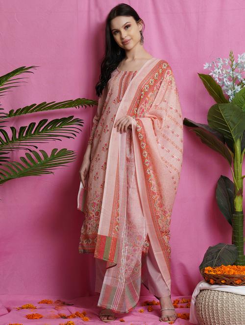 peach silk blend unstitched suit - 18419347 - Very Small Image - 1