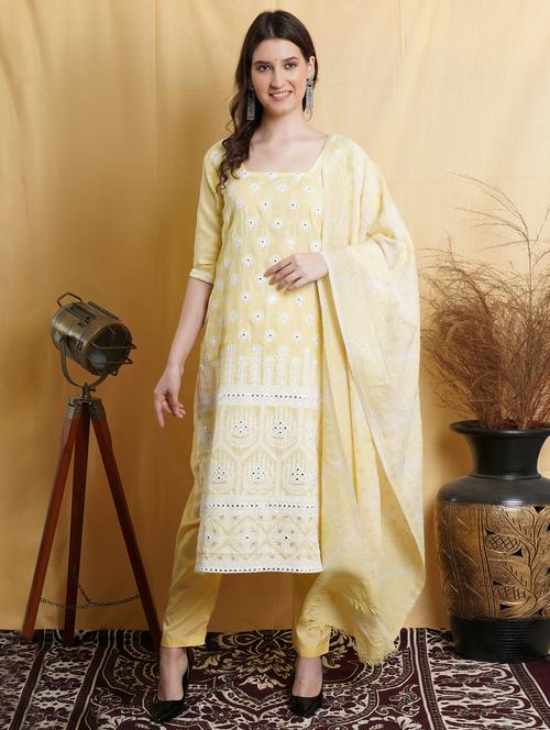 yellow cotton unstitched suit - 18419353 - Very Small Image - 1