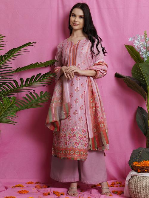 pink silk blend unstitched suit - 18419366 - Very Small Image - 1