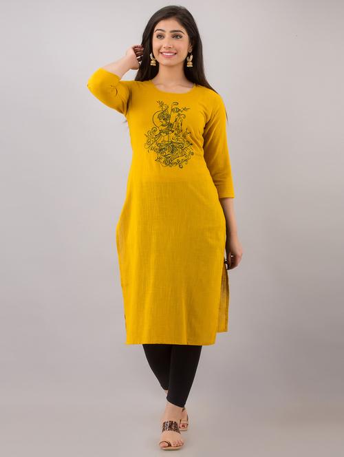 yellow cotton blend straight kurta - 18420438 - Very Small Image - 1