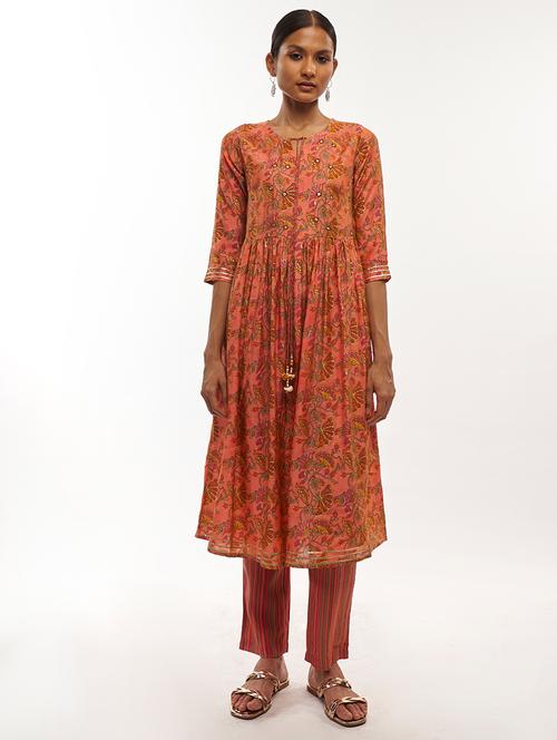peach chanderi kurta pant set - 18422336 - Very Small Image - 1