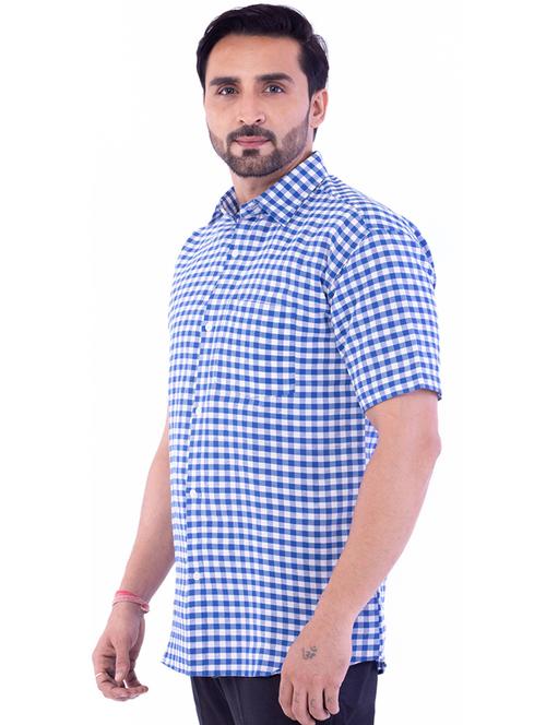 men blue regular fit checkered short sleeve formal shirt - 18423099 - Very Small Image - 1