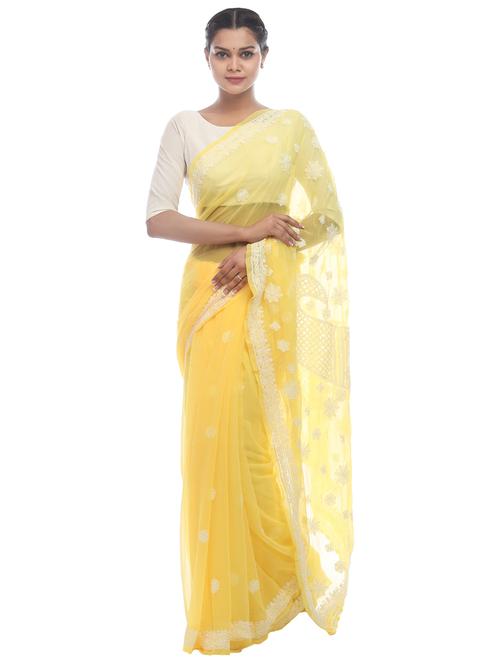 yellow georgette saree - 18424120 - Very Small Image - 1