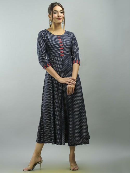 blue printed flared ethnic dress - 18424173 - Very Small Image - 1