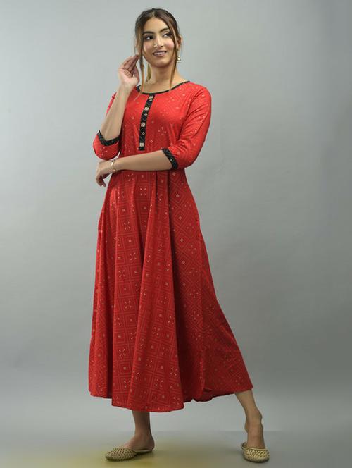 red printed flared ethnic dress - 18424175 - Very Small Image - 1