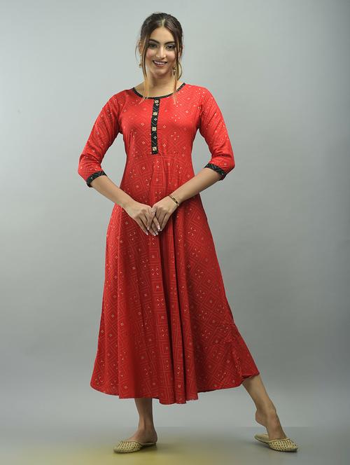 red printed flared ethnic dress - 18424182 - Very Small Image - 1