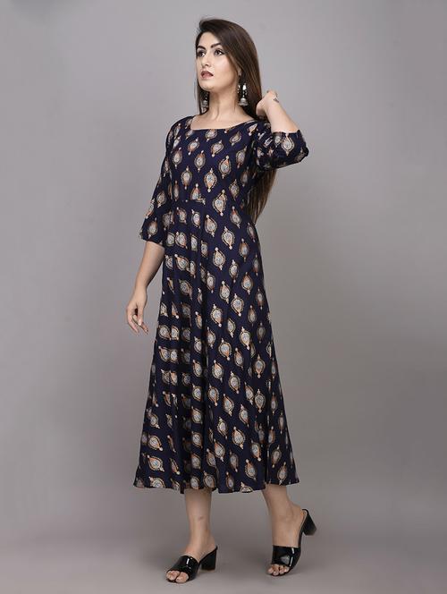 navy blue printed flared ethnic dress - 18424210 - Very Small Image - 1