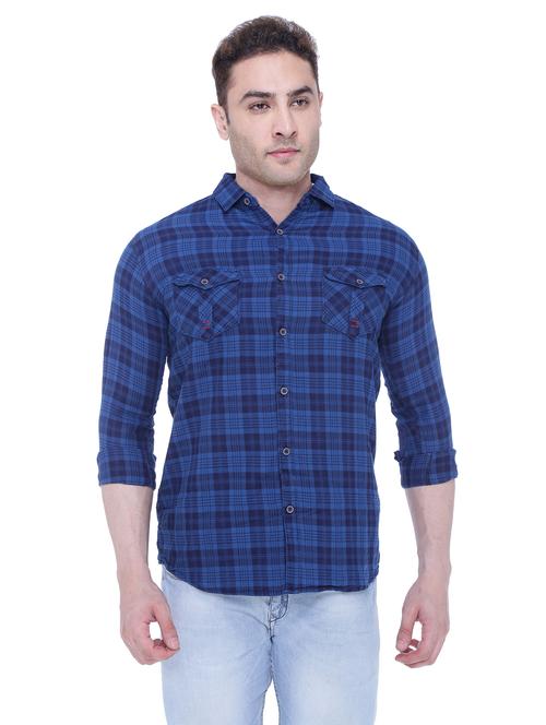 navy-blue checkered casual shirt - 18424548 - Very Small Image - 1