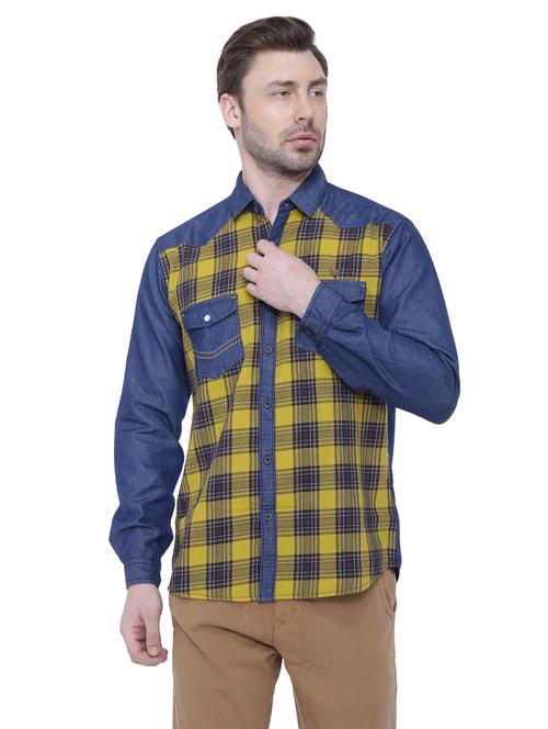 yellow checkered denim casual shirt - 18424567 - Very Small Image - 1