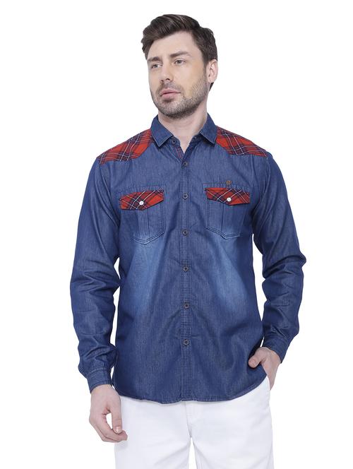 red color-blocked denim casual shirt - 18424569 - Very Small Image - 1