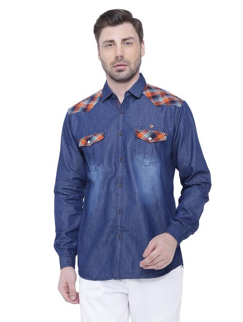 orange color-blocked denim casual shirt - 18424570 - Very Small Image - 1