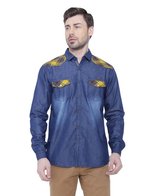 yellow color-blocked denim casual shirt - 18424571 - Very Small Image - 1