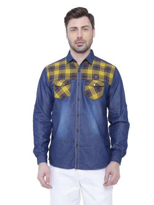 yellow checkered denim casual shirt - 18424575 - Very Small Image - 1