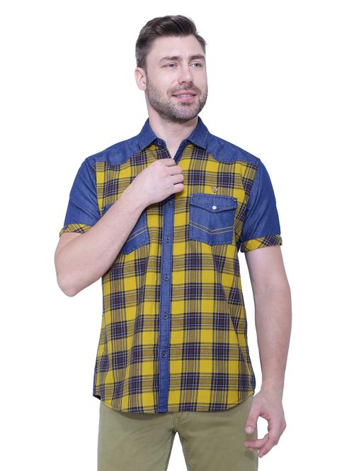 yellow checkered denim casual shirt - 18424594 - Very Small Image - 1